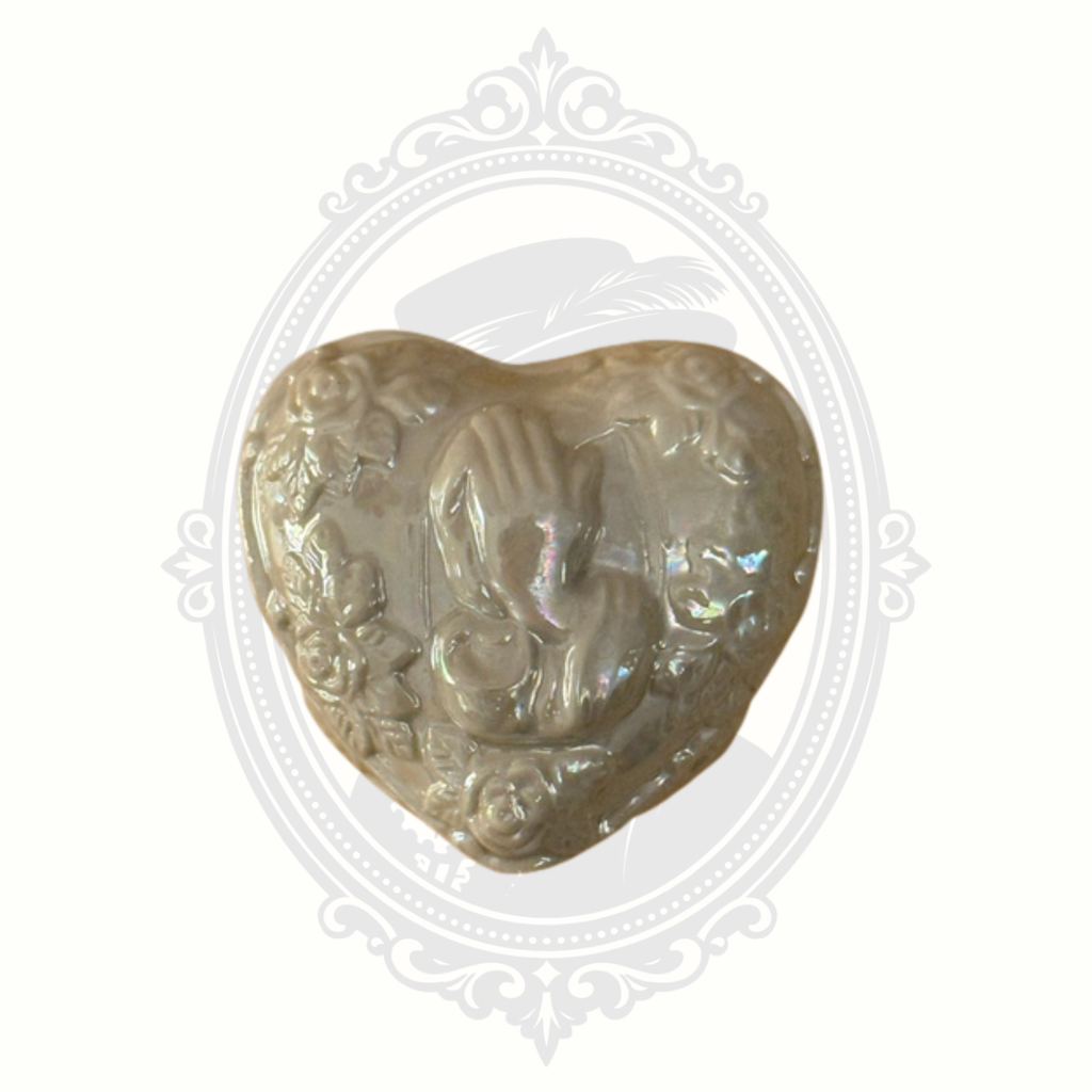 Vintage Heart Shaped Ceramic Trinket Box with Praying Hands & Roses Pearlescent Finish