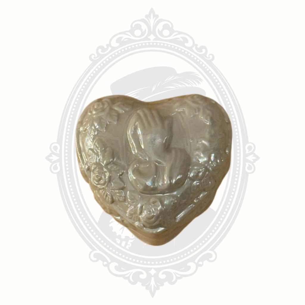Vintage Heart Shaped Ceramic Trinket Box with Praying Hands & Roses Pearlescent Finish