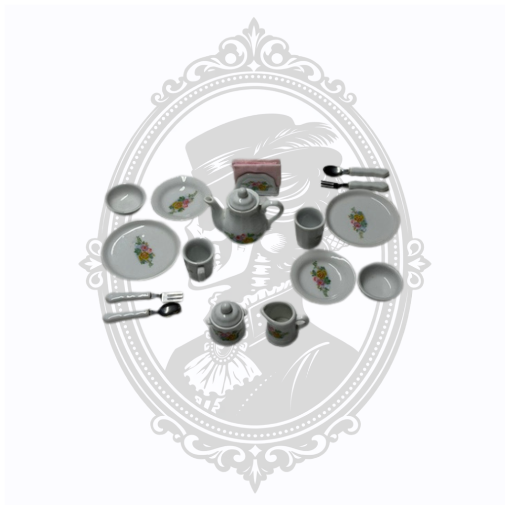Vintage Miniature 18-Piece Porcelain Tea Set with Floral Pattern & Miniature Flatware