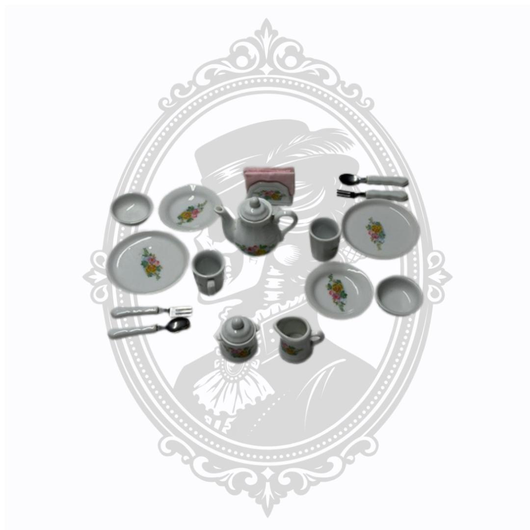 Vintage Miniature 18-Piece Porcelain Tea Set with Floral Pattern & Miniature Flatware