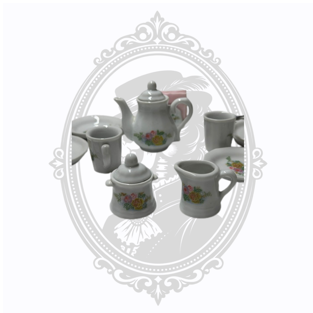 Vintage Miniature 18-Piece Porcelain Tea Set with Floral Pattern & Miniature Flatware