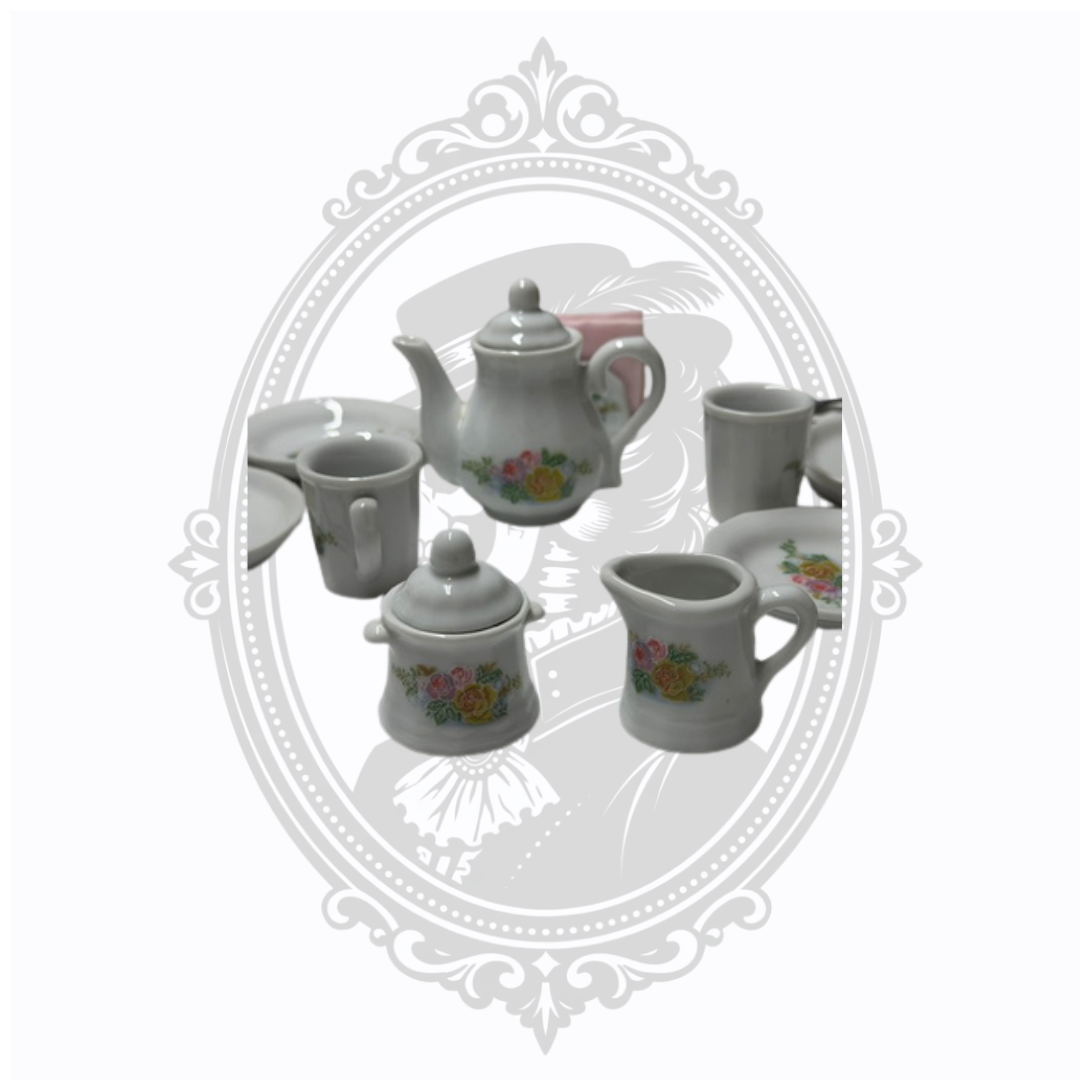 Vintage Miniature 18-Piece Porcelain Tea Set with Floral Pattern & Miniature Flatware