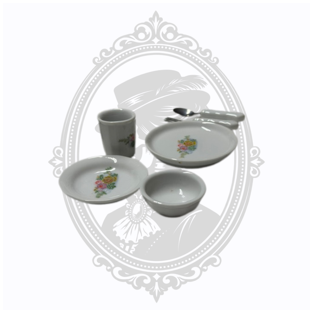 Vintage Miniature 18-Piece Porcelain Tea Set with Floral Pattern & Miniature Flatware