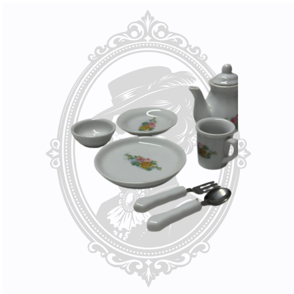 Vintage Miniature 18-Piece Porcelain Tea Set with Floral Pattern & Miniature Flatware