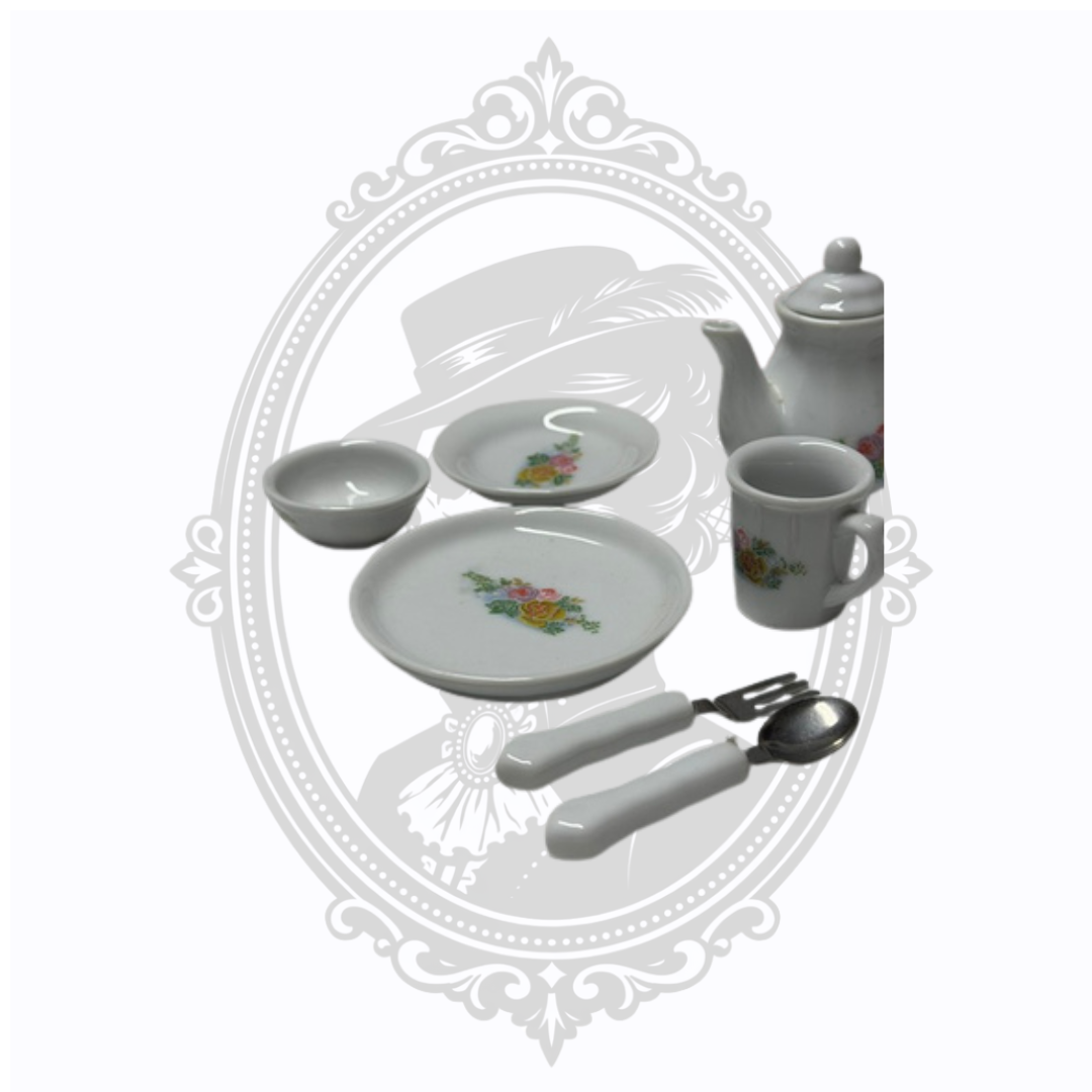 Vintage Miniature 18-Piece Porcelain Tea Set with Floral Pattern & Miniature Flatware
