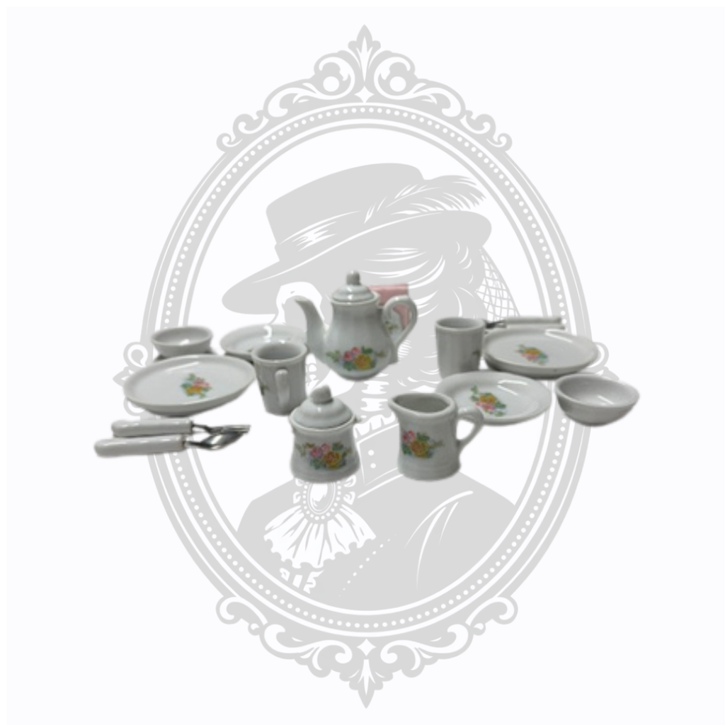 Vintage Miniature 18-Piece Porcelain Tea Set with Floral Pattern & Miniature Flatware