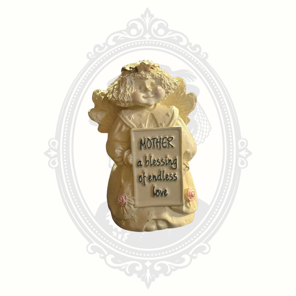 Vintage cream-colored angel figurine by Abbey Press featuring sentimental Mother message and floral accents.