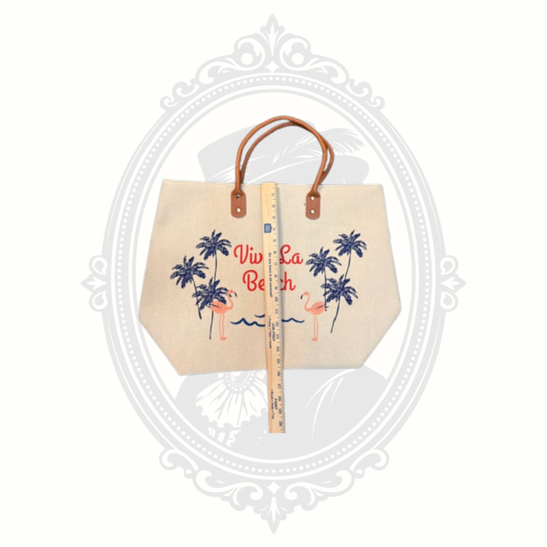 Viva La Beach Canvas Tote Bag with Flamingo & Palm Tree Design