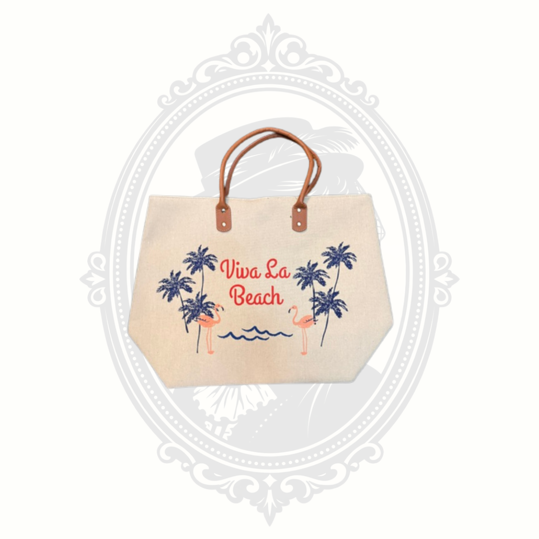Viva La Beach Canvas Tote Bag with Flamingo & Palm Tree Design