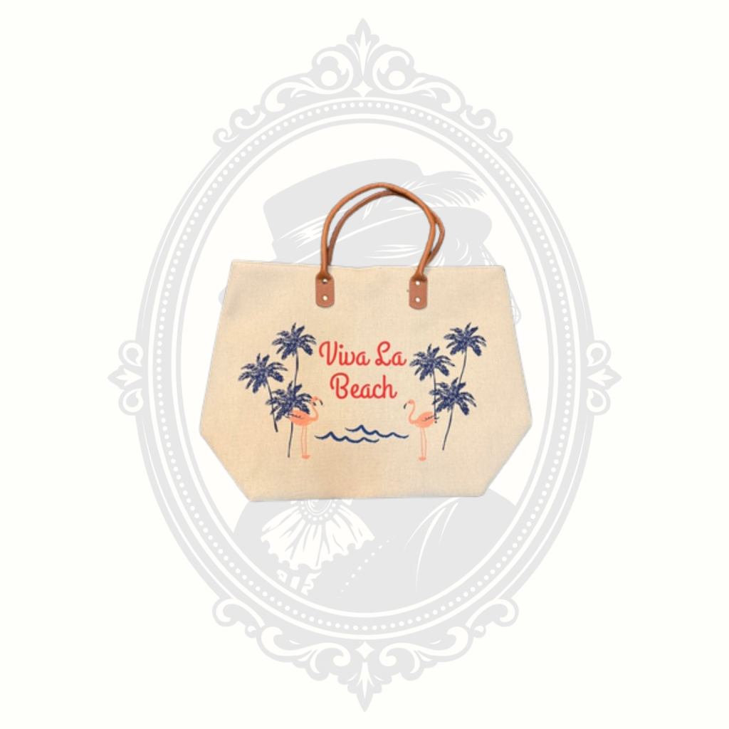 Viva La Beach Canvas Tote Bag with Flamingo & Palm Tree Design