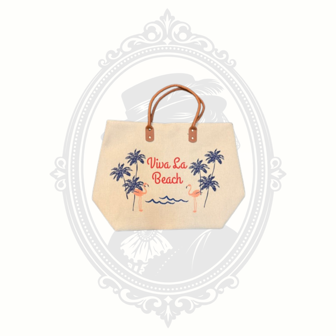 Viva La Beach Canvas Tote Bag with Flamingo & Palm Tree Design