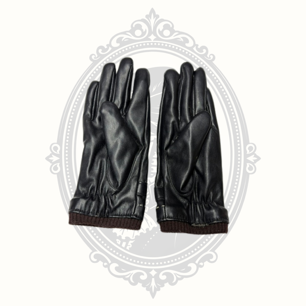 Women's Black Faux Leather Winter Gloves Plush Fleece Lined Knit Cuff Buckle Accent