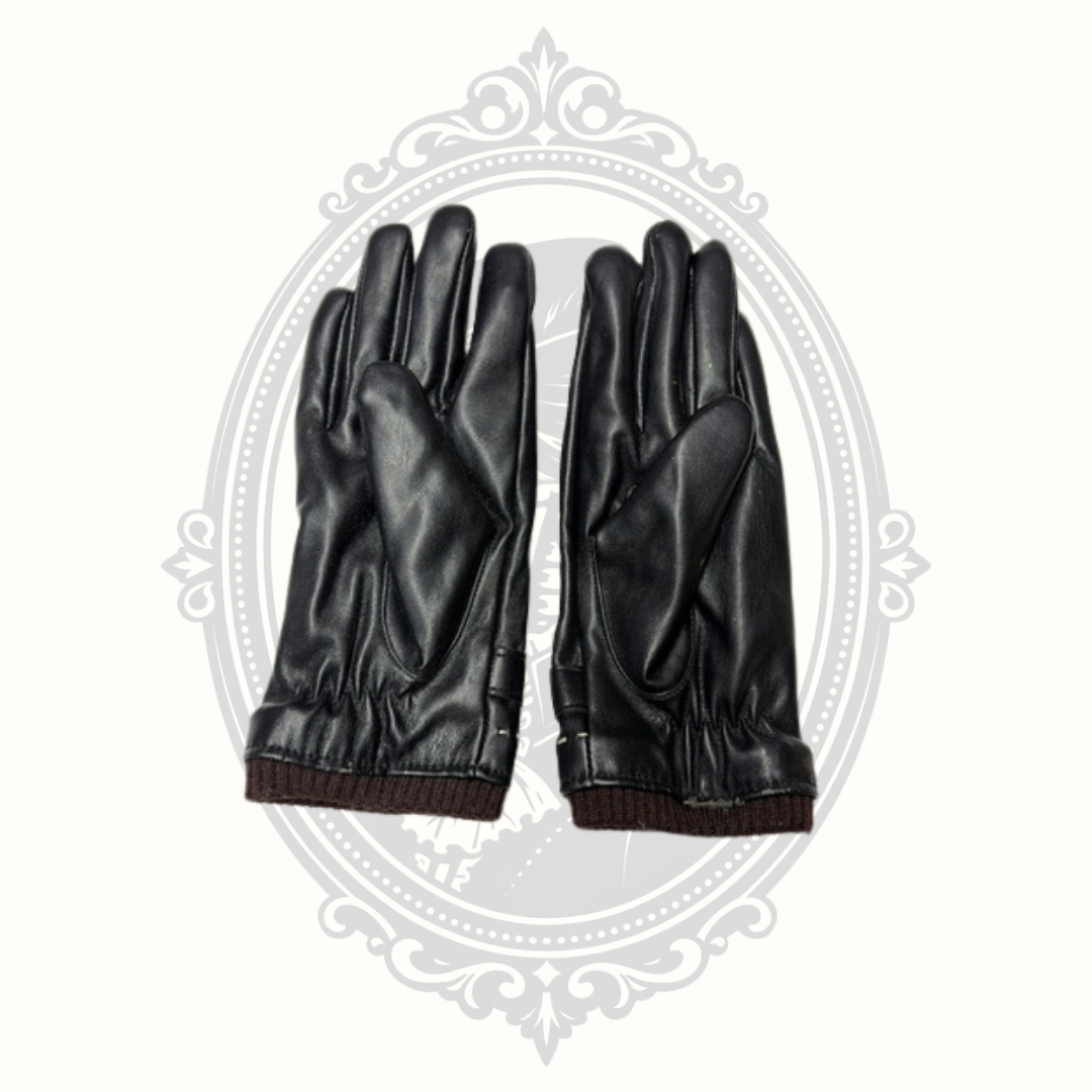 Women's Black Faux Leather Winter Gloves Plush Fleece Lined Knit Cuff Buckle Accent