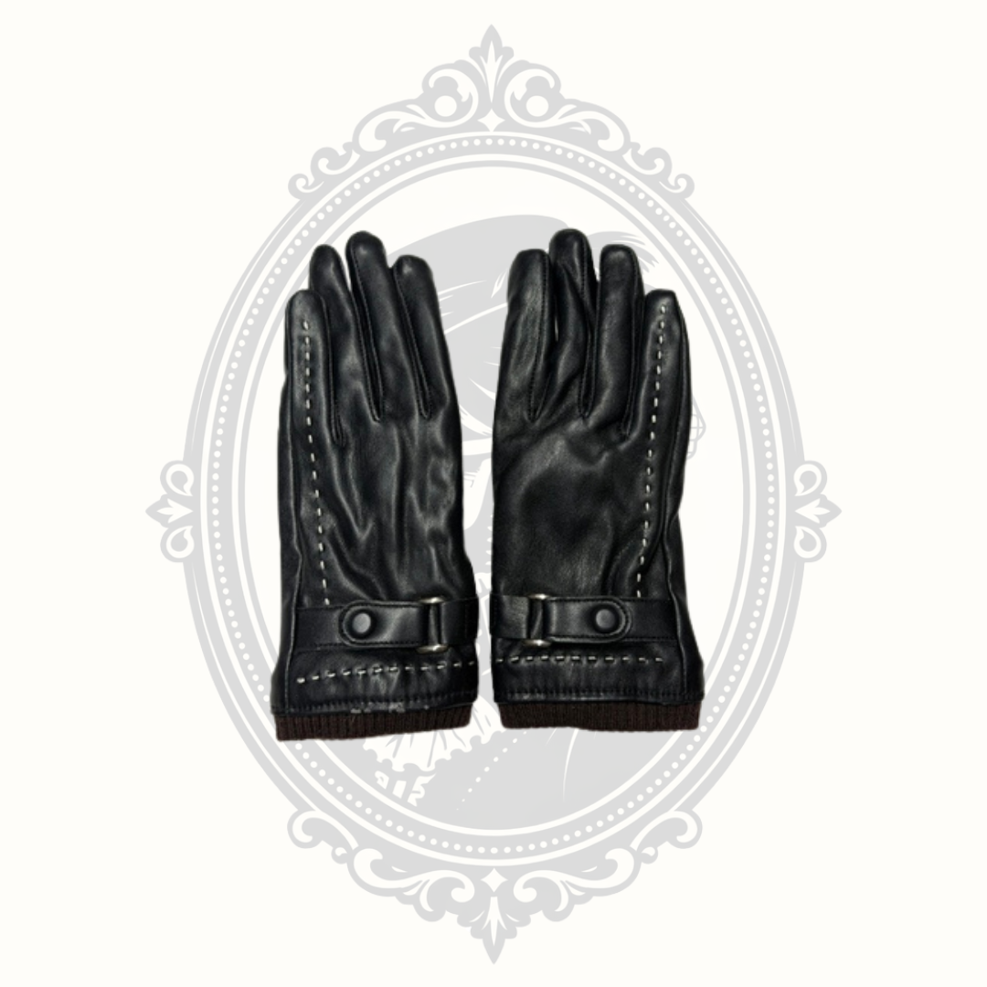 Women's Black Faux Leather Winter Gloves Plush Fleece Lined Knit Cuff Buckle Accent