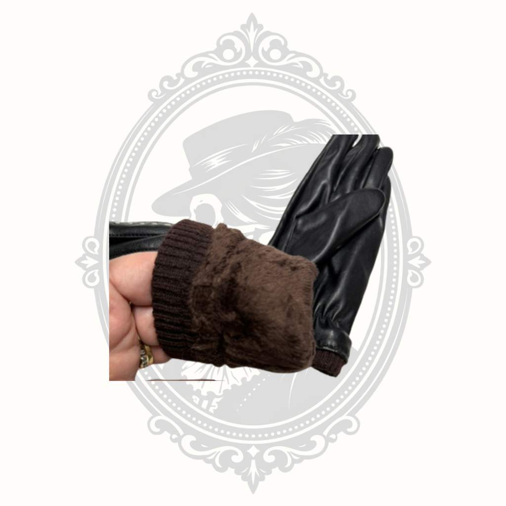 Women's Black Faux Leather Winter Gloves Plush Fleece Lined Knit Cuff Buckle Accent