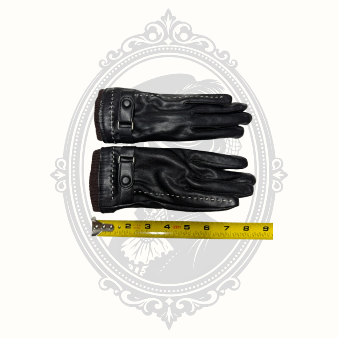 Women's Black Faux Leather Winter Gloves Plush Fleece Lined Knit Cuff Buckle Accent