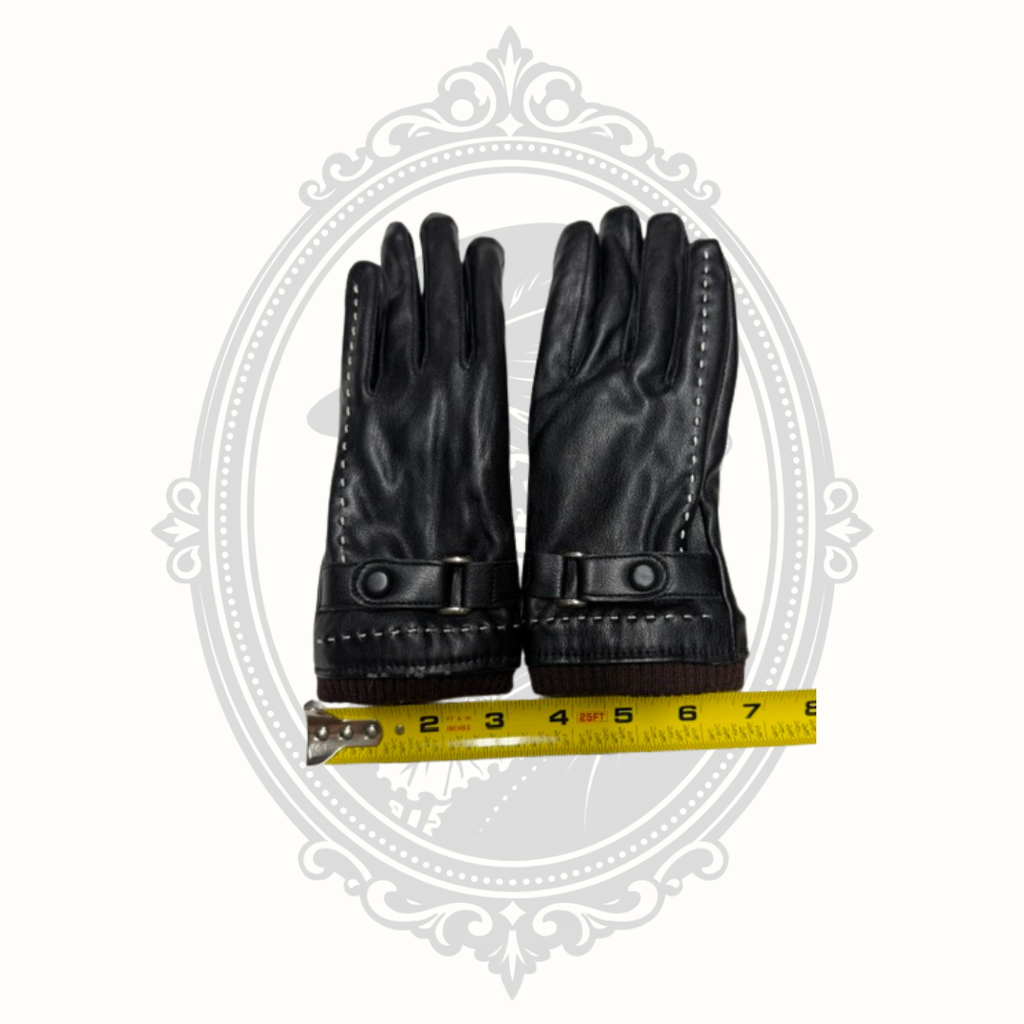 Women's Black Faux Leather Winter Gloves Plush Fleece Lined Knit Cuff Buckle Accent