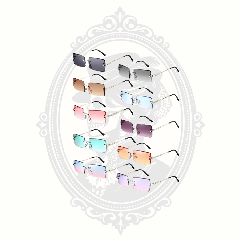 Y2K Rimless Rectangle Sunglasses – Gold Metal Temples – Retro Fashion Eyewear – Assorted Colors