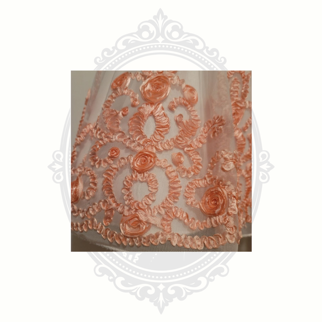 Peach embroidered floral detail on toddler formal dress