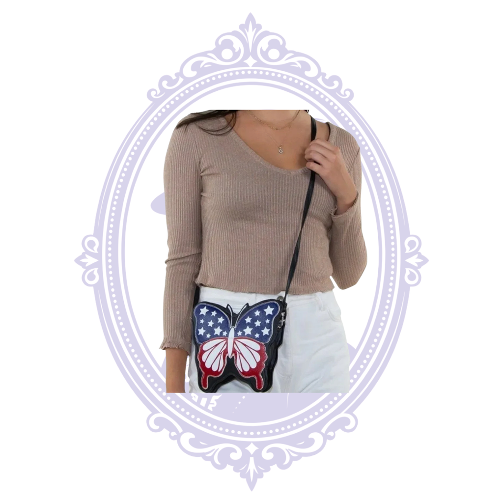 Americana butterfly crossbody bag modeled from front