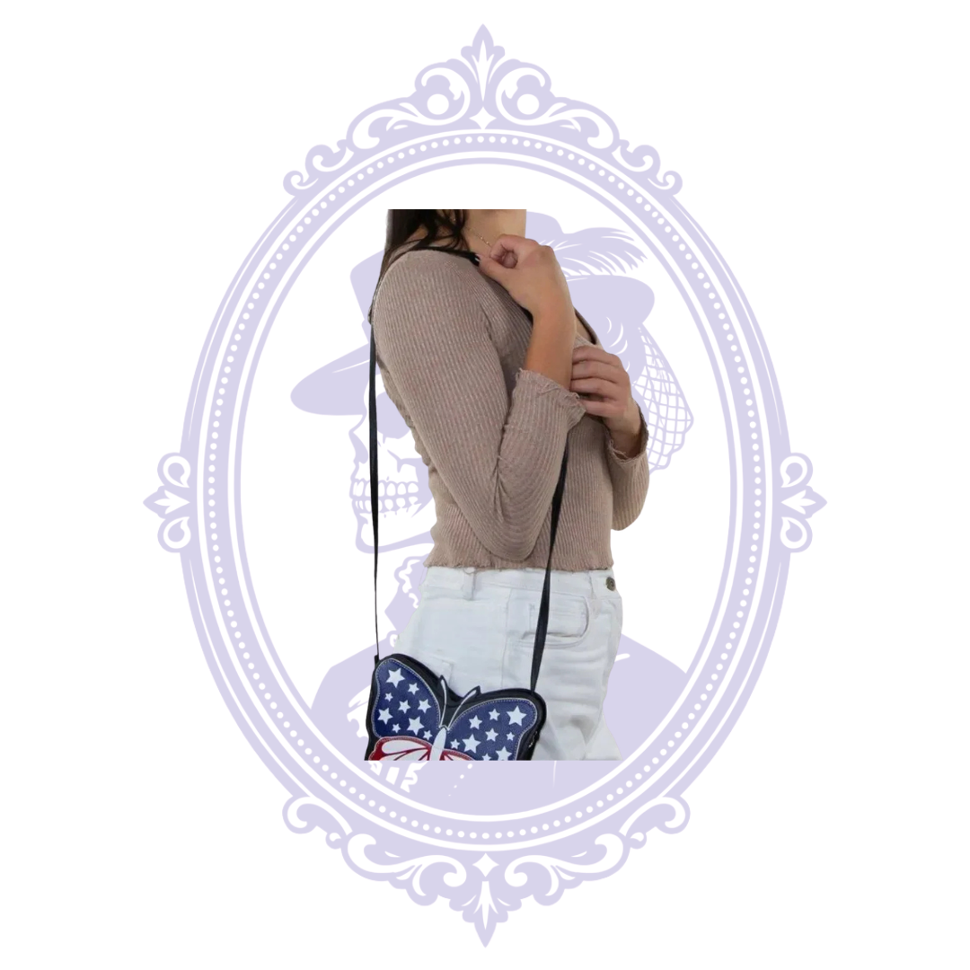 Americana butterfly crossbody bag worn from side