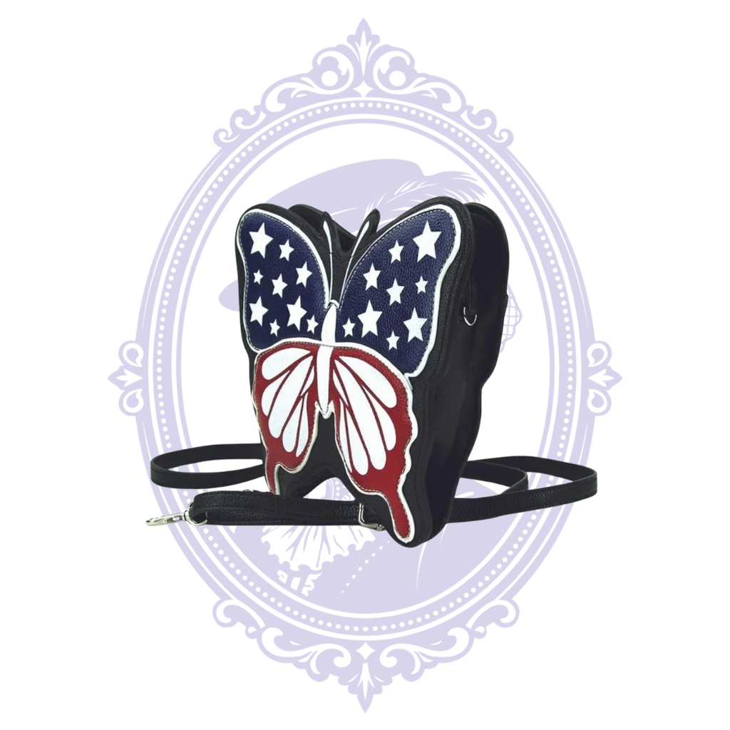 Side view of butterfly bag with adjustable strap