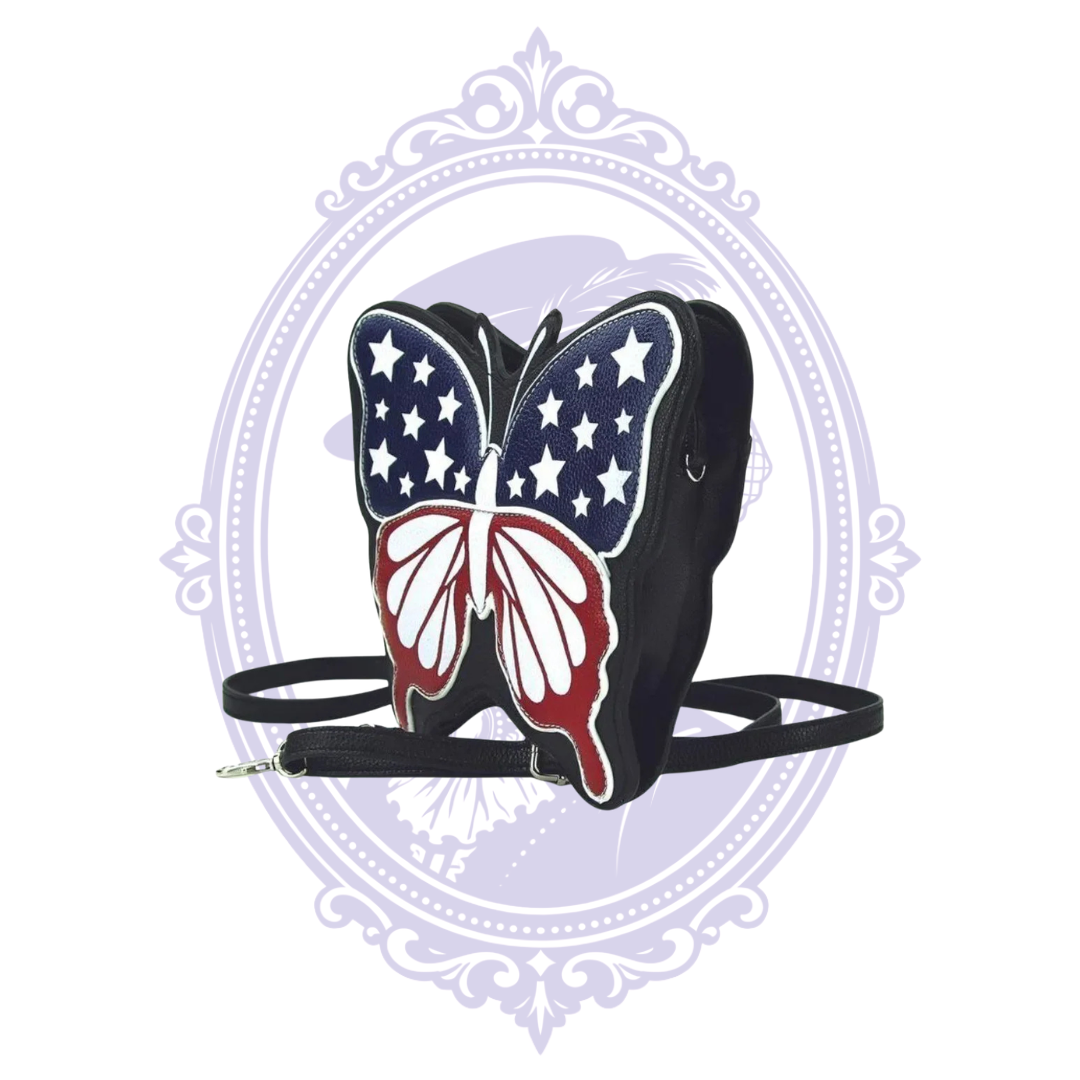 Side view of butterfly bag with adjustable strap