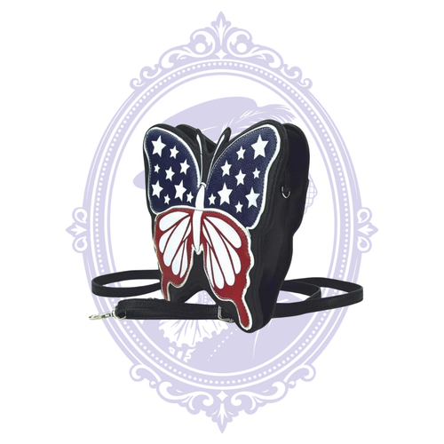 Side view of butterfly bag with adjustable strap