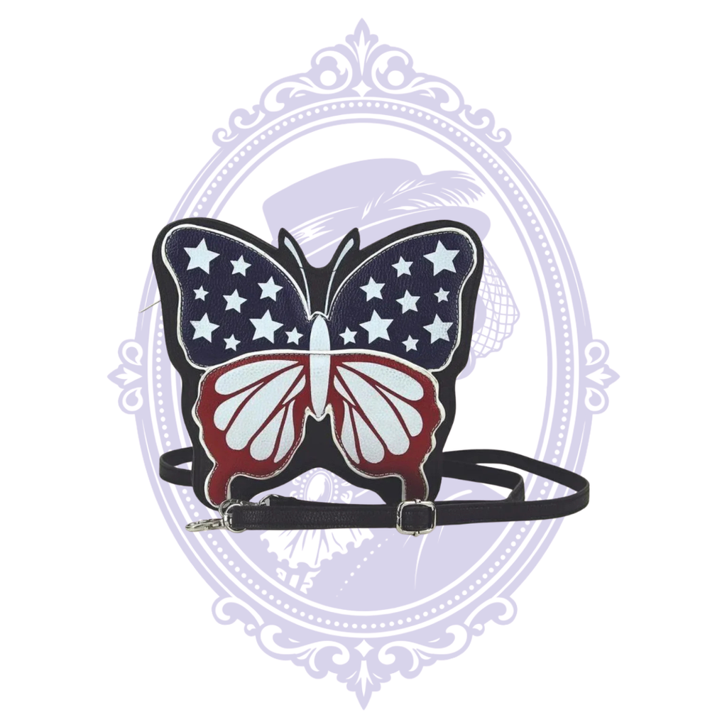 Front view of red white and blue butterfly crossbody bag