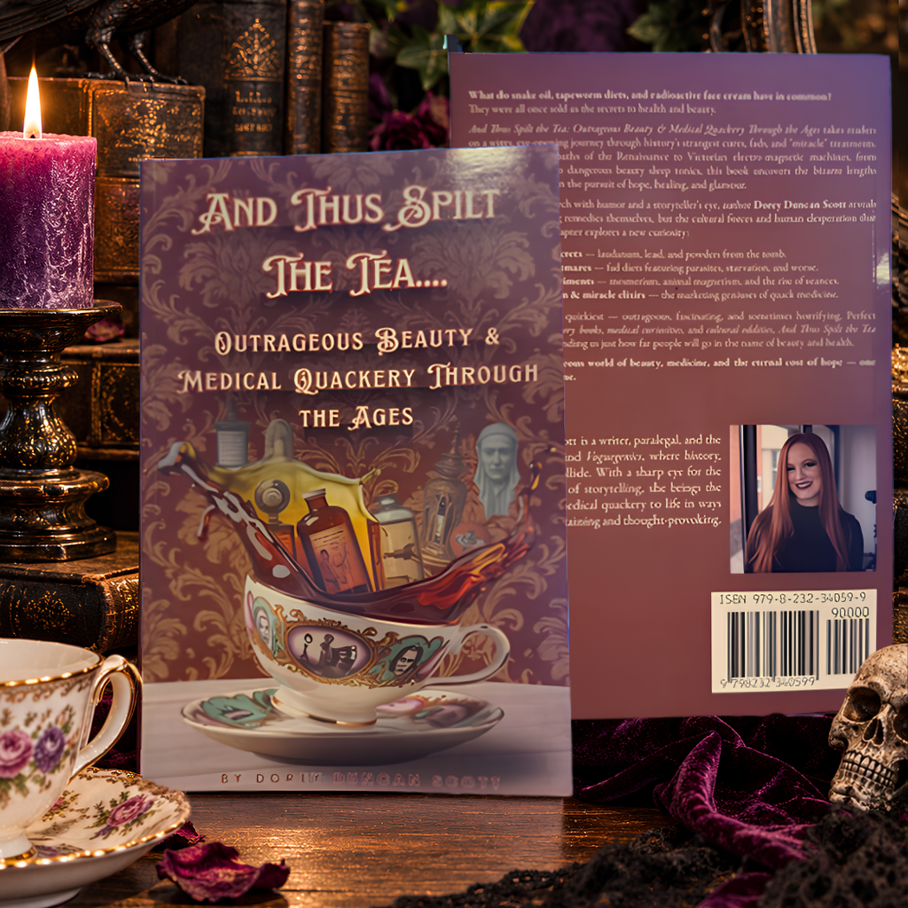 And Thus Spilt the Tea by Dorey Duncan Scott displayed in a gothic setting with teacups, candlelight and a skull.