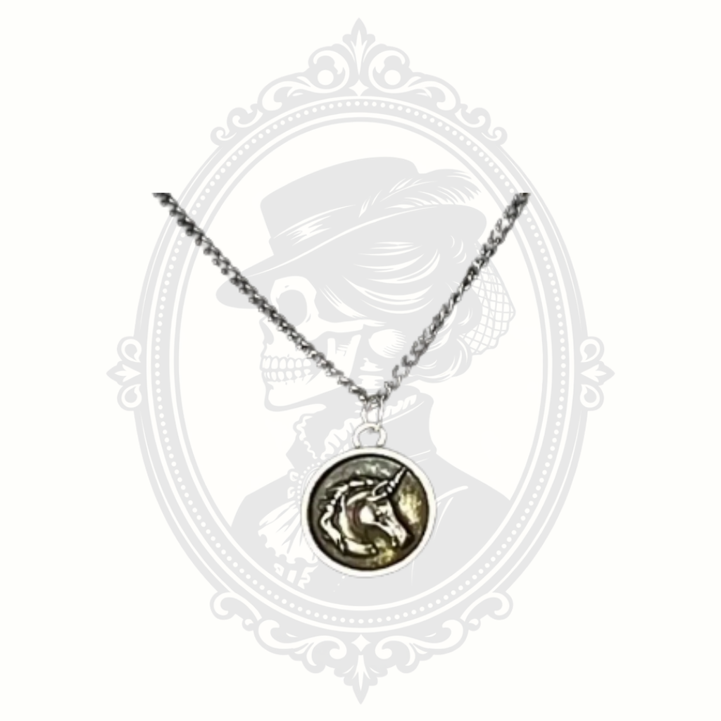 Silver tone unicorn pendant necklace on 16 inch chain by Apryl Dawn