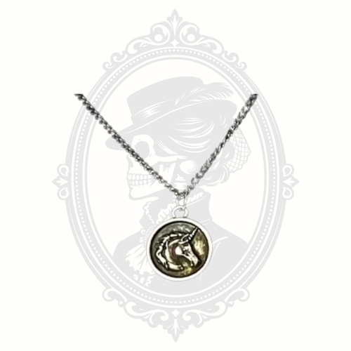 Silver tone unicorn pendant necklace on 16 inch chain by Apryl Dawn