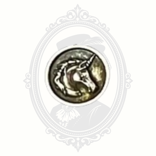 Close-up of silver tone unicorn coin pendant necklace by Apryl Dawn