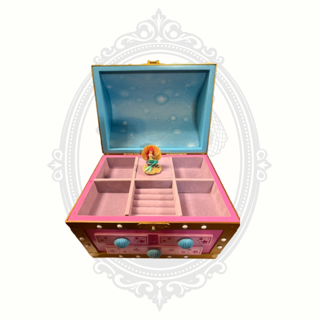 Ariel jewelry box open showing interior compartments ring holder and figurine