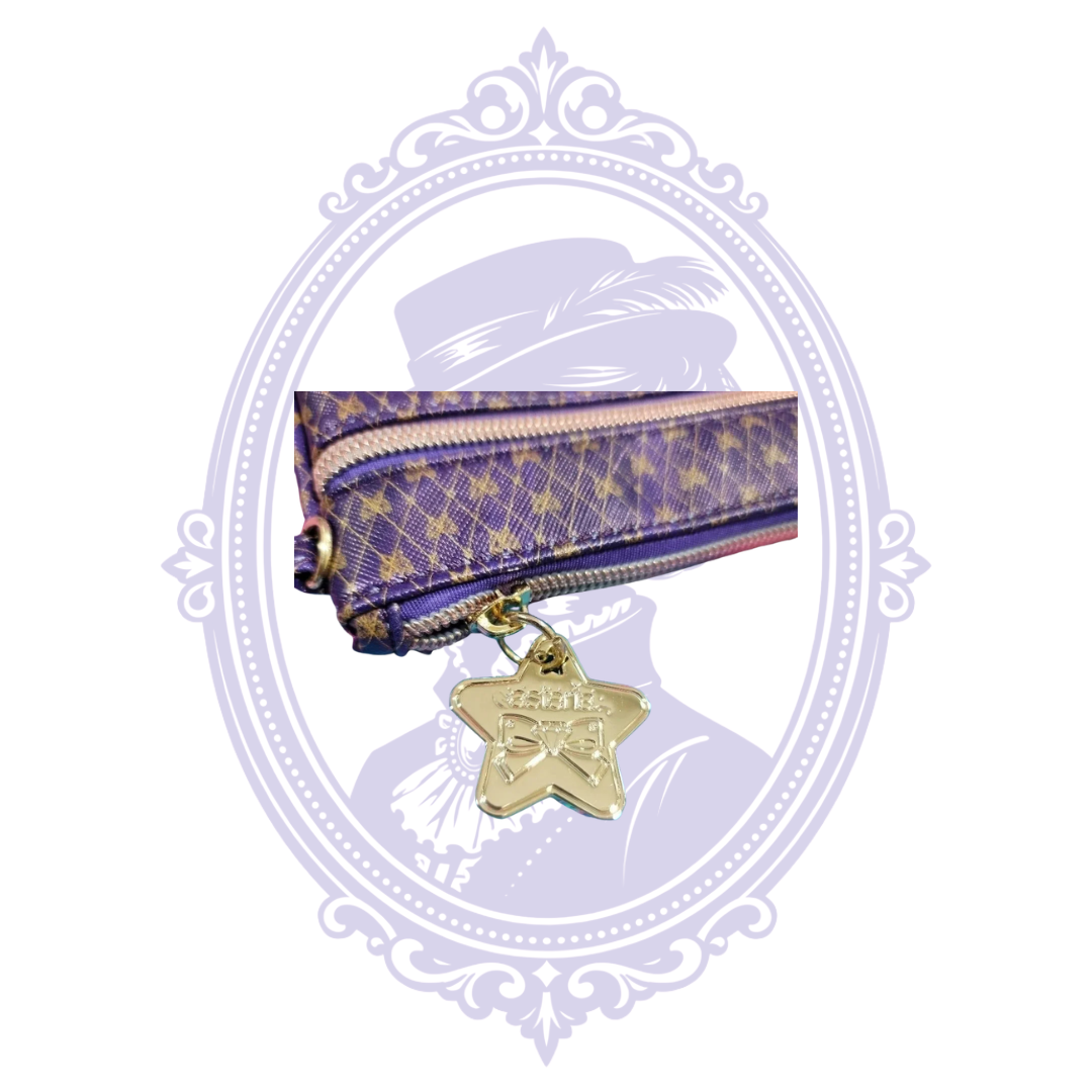 Purple patterned back of Asteria clutch with zipper pocket