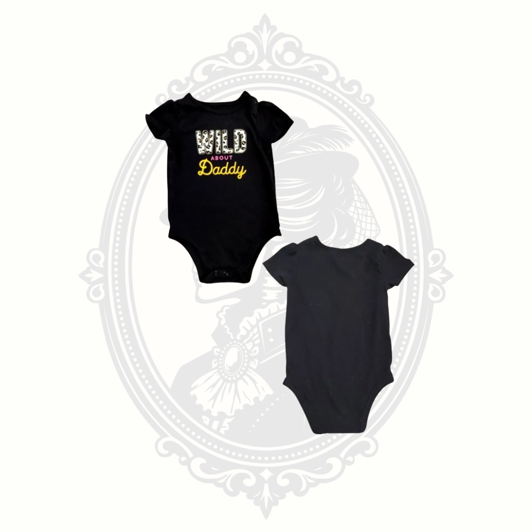 baby onesie shown front and back views black wild about daddy design