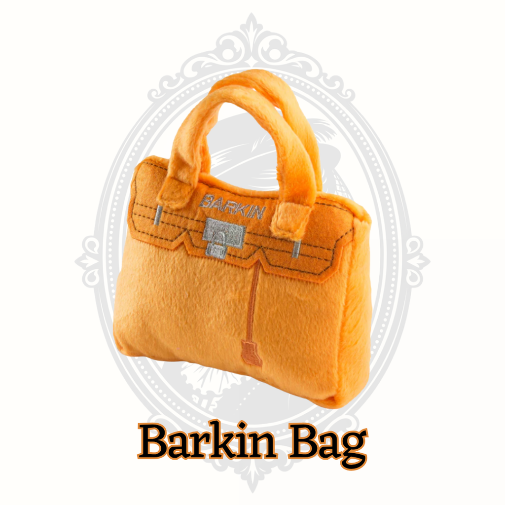 Orange Barkin Bag designer dog toy by Haute Diggity Dog, plush squeaky handbag toy for small dogs with soft fabric and luxury-inspired design