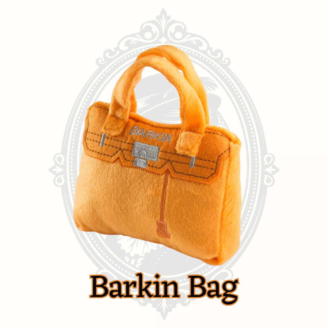 Orange Barkin Bag designer dog toy by Haute Diggity Dog, plush squeaky handbag toy for small dogs with soft fabric and luxury-inspired design