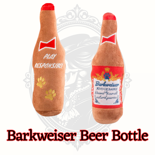 Barkweiser beer bottle dog toy by Haute Diggity Dog, plush squeaky bottle toy for dogs with parody label design and soft fabric for playtime