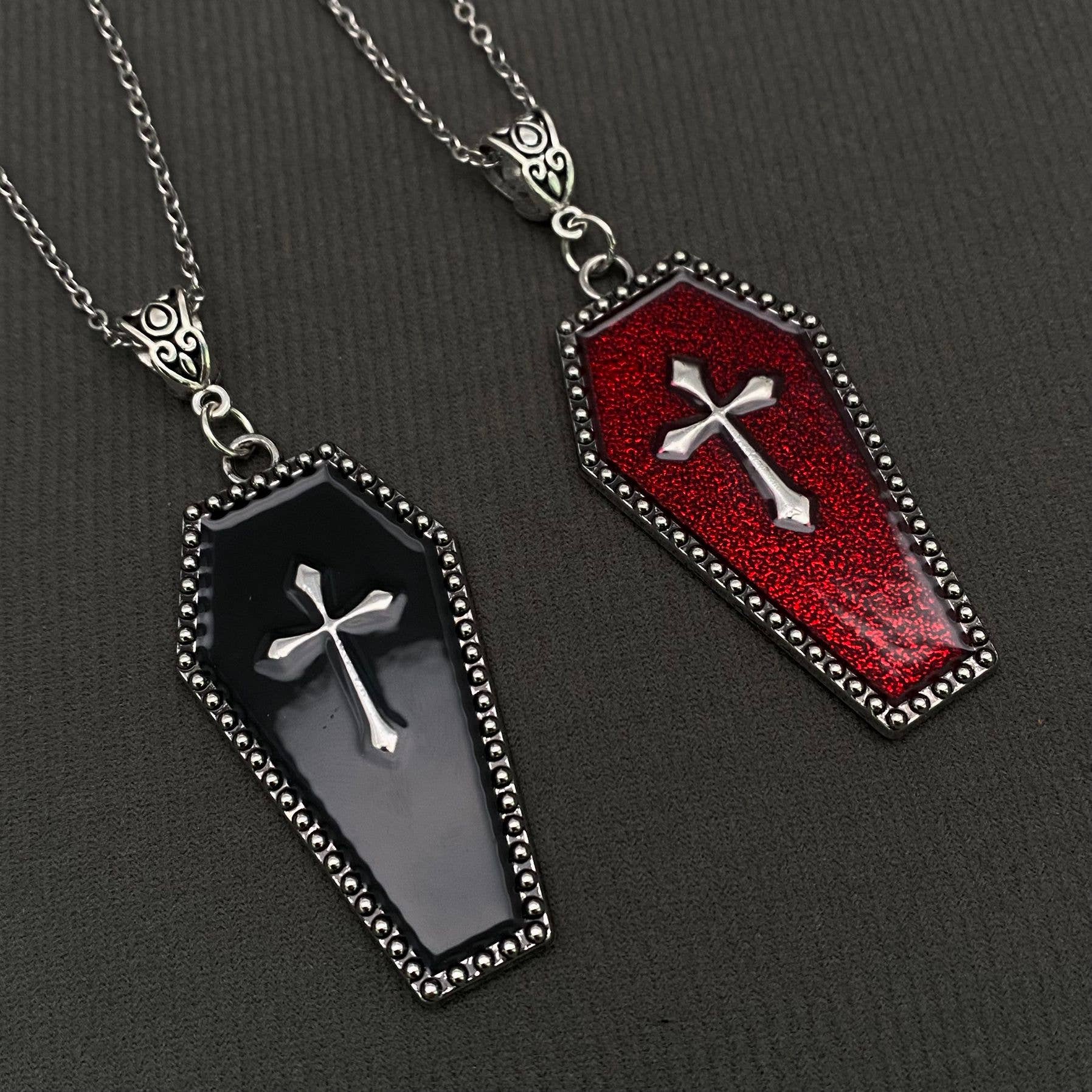 Gothic Enamel Cross Coffin Charm Necklace - GT