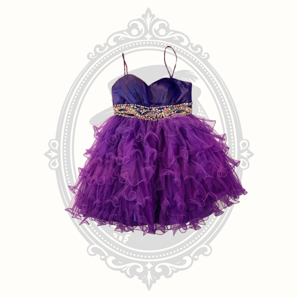 B'Dazzle by Alyce Purple Rhinestone Ruffle Tulle Party Dress – Size 8