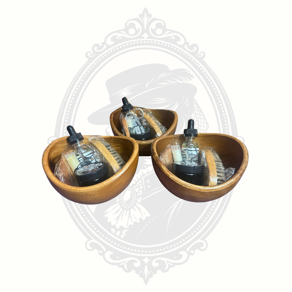 Multiple beard grooming gift sets displayed together in wooden bowls, gift-ready presentation