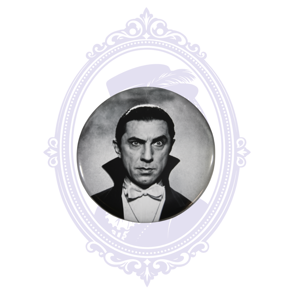 2.25-inch pin button featuring a black-and-white portrait of Bela Lugosi as Count Dracula.
