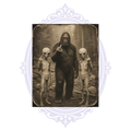 Vintage-style matted art print of Bigfoot and two aliens making rude hand gestures in a forest