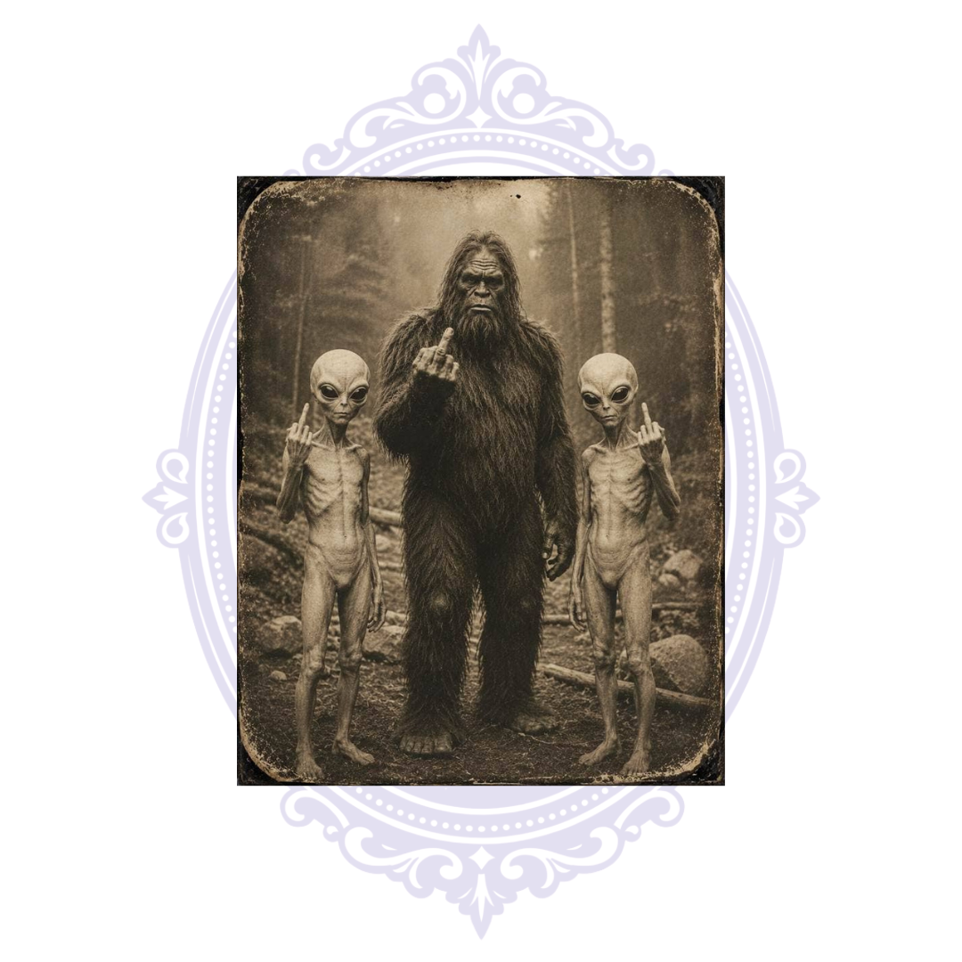 Vintage-style matted art print of Bigfoot and two aliens making rude hand gestures in a forest