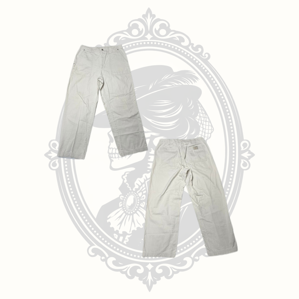 Front and back views of Bill Blass beige cotton pants.