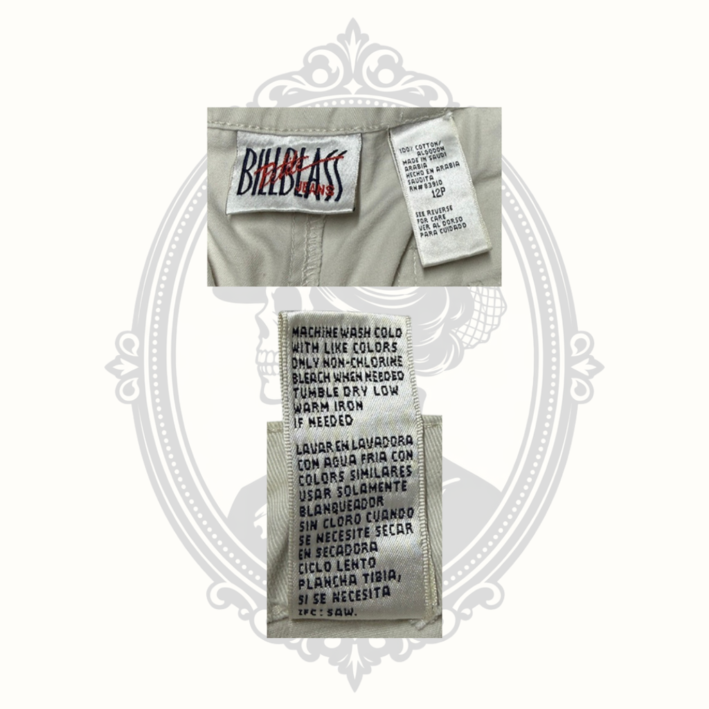 Bill Blass brand, size, and care labels.