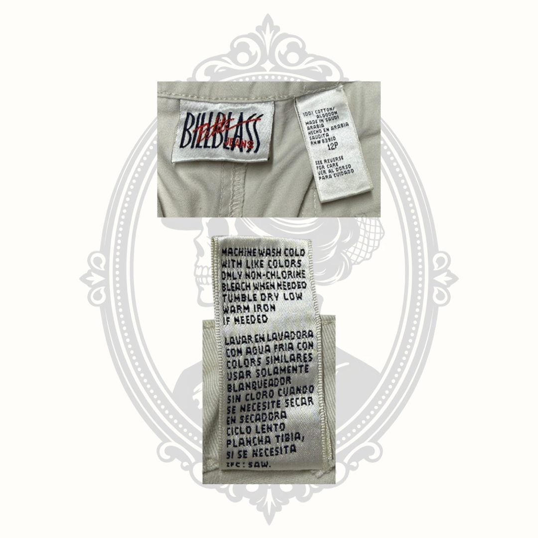 Bill Blass brand, size, and care labels.