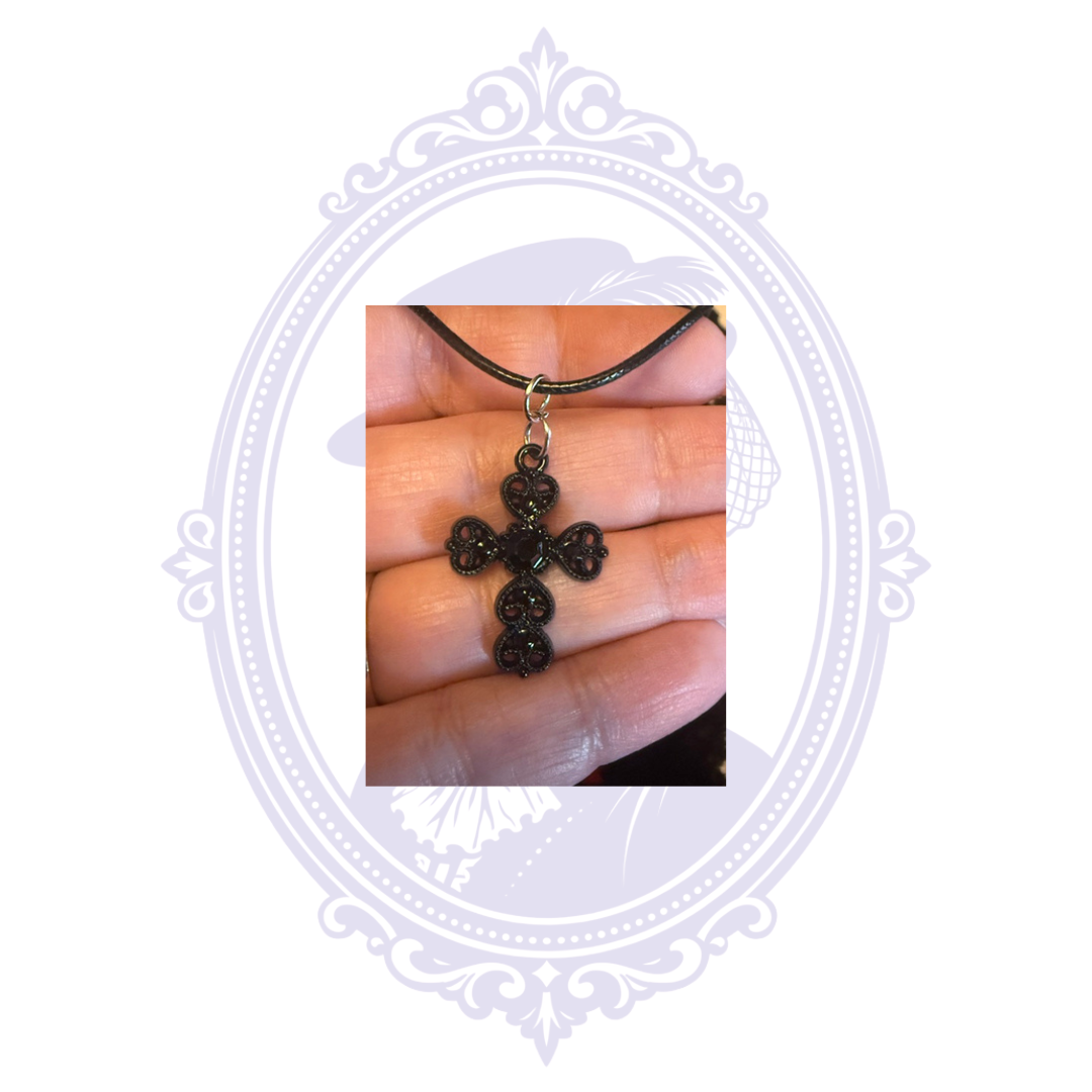 Cupboard Crafted Filigree Cross Gothic Necklace – Black or Silver Tone
