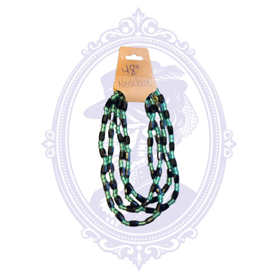 Full view of 48-inch black and teal beaded costume necklace showing its long multi-strand design.